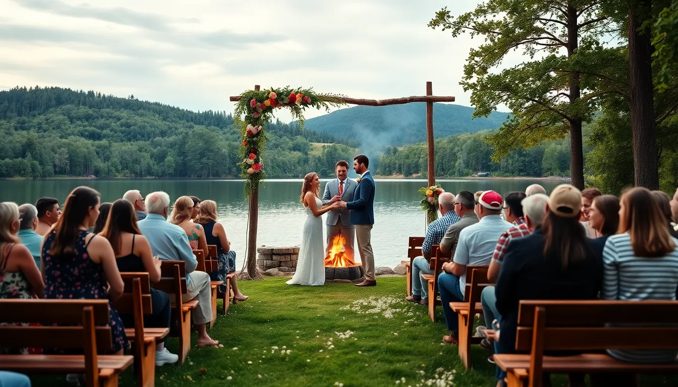 couple exchanging vows at a summer camp wedding by a lake.