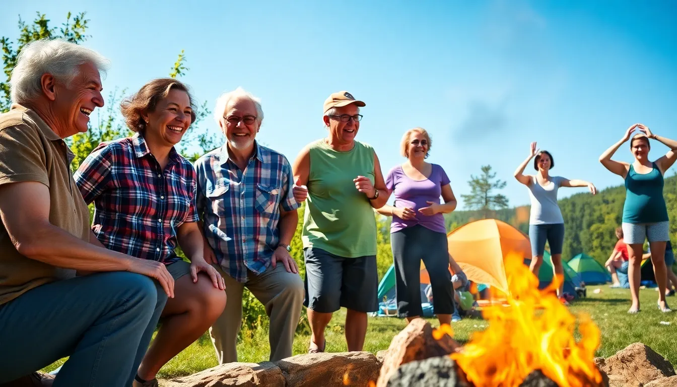 adults over 50 enjoying summer camp activities together.