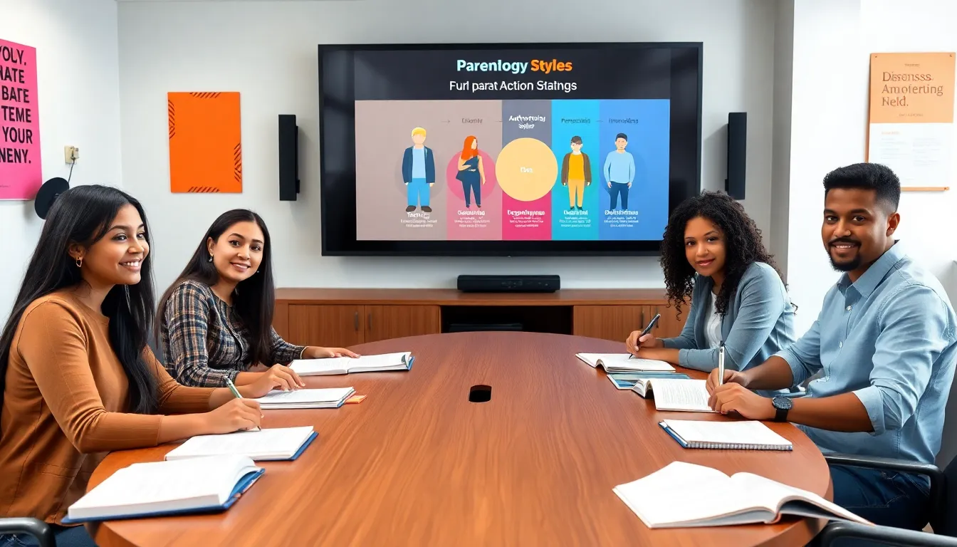 students discussing parenting styles in a modern classroom.