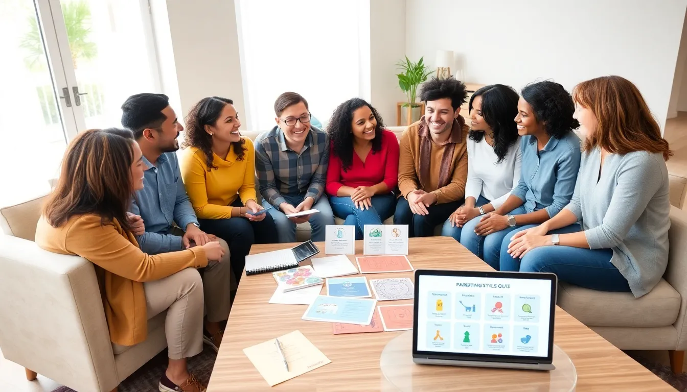 diverse parents discussing parenting styles in a modern living room.