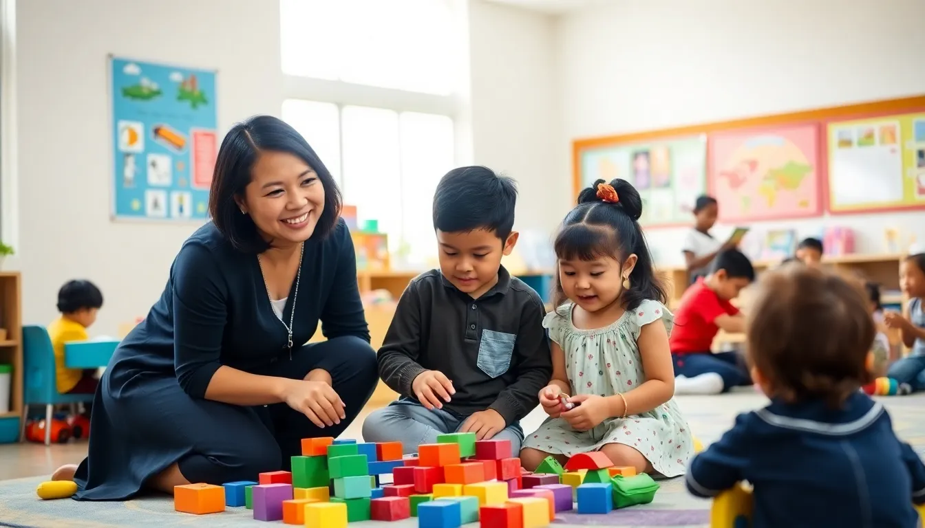 children and teacher in a bright classroom at Trinity Early Learning Center.